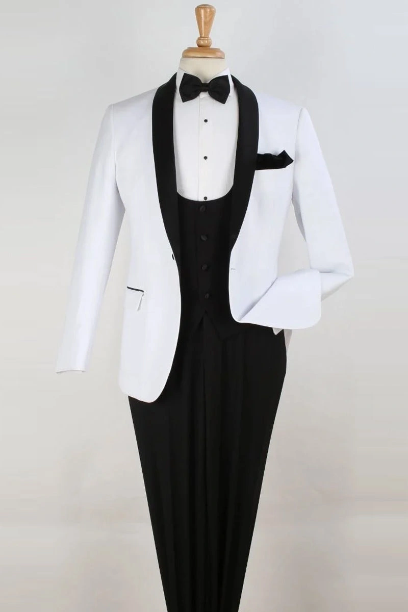 Elegante Smoking Bianco Uomo: Un Sogno a Un Bottone con Gilet e Scollo a V, Stile Italiano.